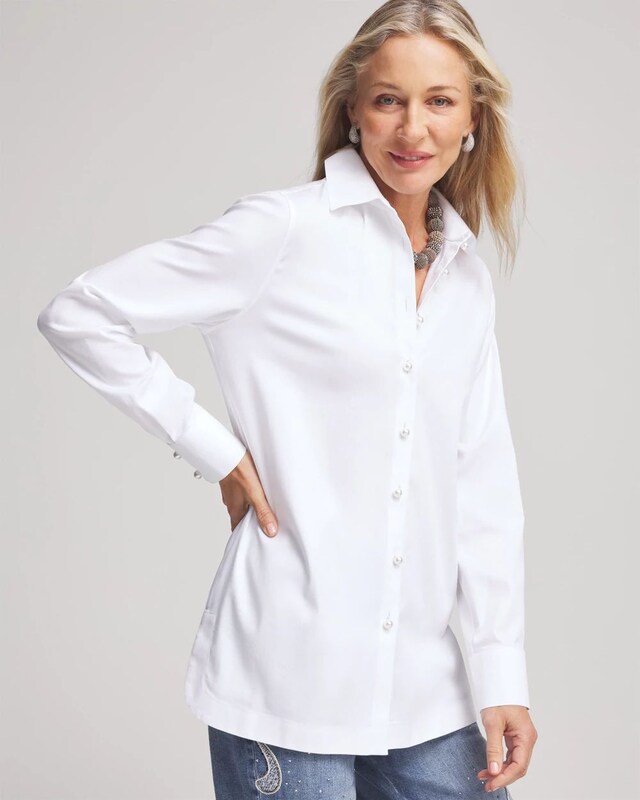 No Iron Faux Pearl Button Tunic